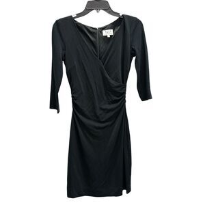 David Meister Black Midi Dress Faux Wrap V-Neck 3/4 Slv Lined Career Dress Sz 2